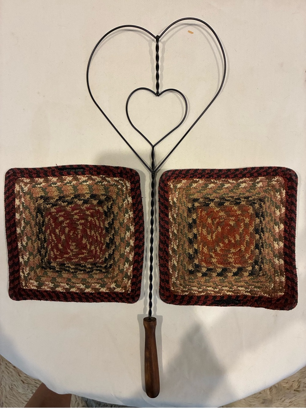 Heart Rug Beater Metal + 2 Braided Square Trivets Burgundy & Brown& Mustard 8x8